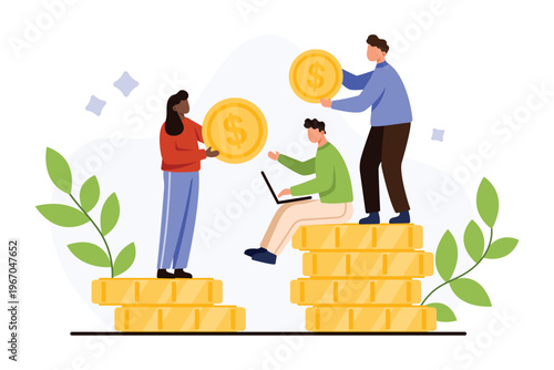 Money savings, decision of stock market investment, bank deposit, financial wealth. Tiny people receive cash income, investors with profit, stack of gold dollar coins cartoon vector illustration