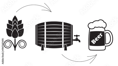 Beer barrel icon with hop flower and frothy mug, representing brewing process and beverage enjoyment
