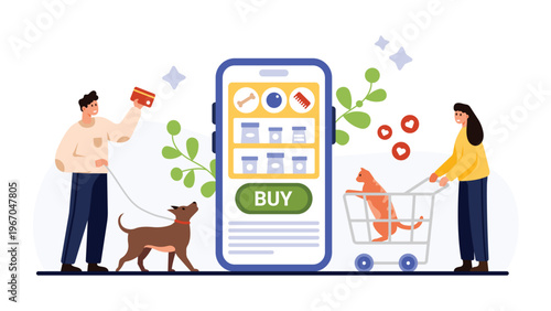 Pet owners shopping online in vet store mobile app. Tiny people, dog and cat choose product category on smartphone screen to buy, man holding credit card for payment cartoon vector illustration