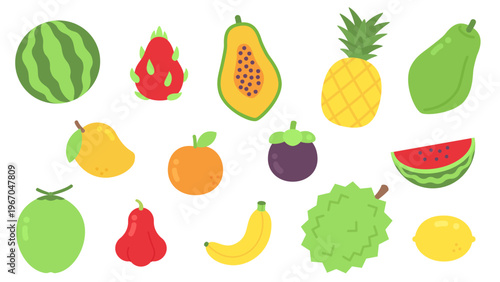 Cute flat design tropical fruit icon set collection isolated on white background