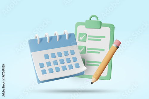 3d vector icon of a blue calendar with a green clipboard checklist and pencil for daily schedule planning task management productivity organization and time tracking efficiency in office work