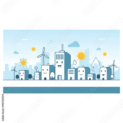 Whimsical, cheerful cityscape with anthropomorphic, smiling buildings and wind turbines powered by solar energy, embodying a sustainable, eco-friendly future in a minimalist cartoon style. V