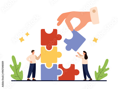 Partnership, idea to work problem solving, achievement. Big fingers of hand holding puzzle piece to connect to tower of tiny people, solve business task together in team cartoon vector illustration