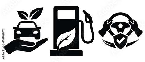 Eco car fueling and safe driving icons