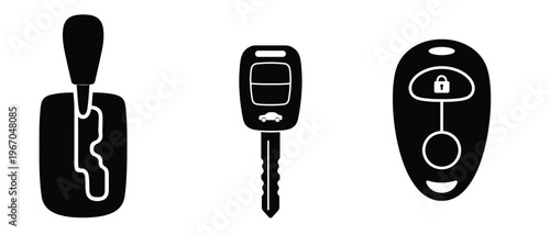 Black car key and lock vector icons