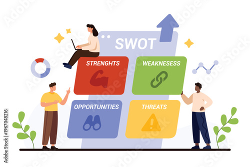 SWOT analysis for company strategy, infographic diagram presentation with four elements. Tiny people compare strength and weakness, opportunity and threat in SWOT matrix cartoon vector illustration