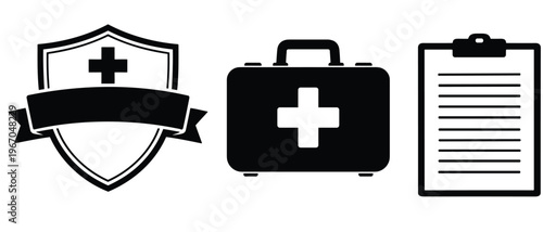 Medical symbols with shield first aid kit clipboard