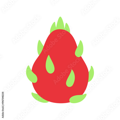 Cute flat design red dragon fruit with green leaves