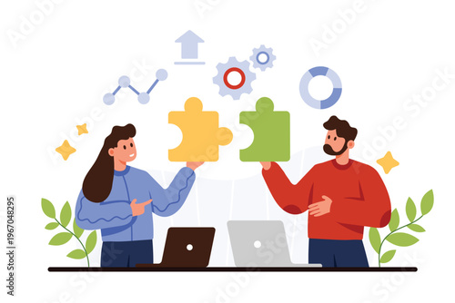 Team building, business partnership for goal achievement, teamwork on collective solution. Tiny man and woman holding puzzle pieces together to match and collaborate cartoon vector illustration