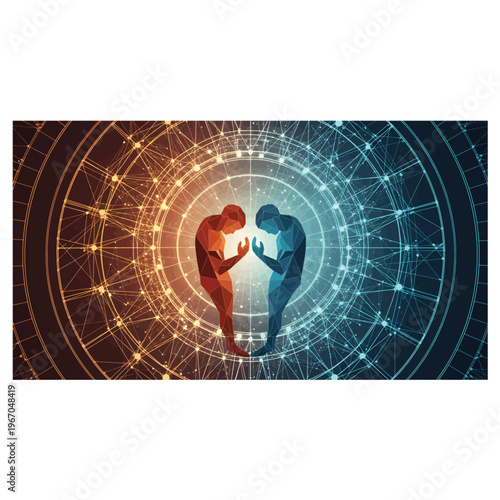 Interconnected human figures in vibrant orange and blue light, engaged in mindful connection within a futuristic digital network of glowing geometric patterns, representing consciousness and