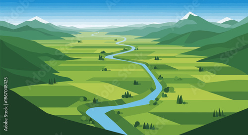 Vibrant green valley with a winding river and distant mountains.