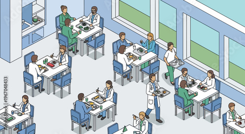 Medical professionals collaborating in a modern hospital cafeteria.