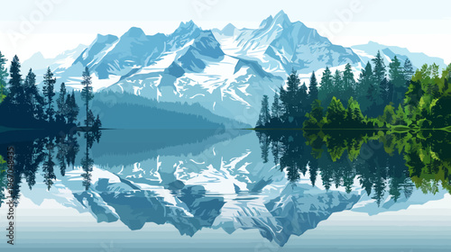 Tranquil mountain landscape with lake reflecting peaks and evergreen forest