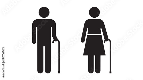 Icons of a man and woman with canes, representing elderly individuals and accessibility, in a simple black silhouette design on a white background.