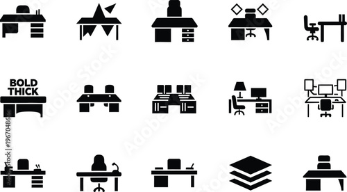 Furniture icons set diverse styles of tables chairs and workstations