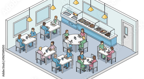 Isometric view of a busy cafe interior with people dining.