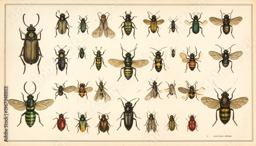 Detailed entomological illustration featuring various beetle species with diverse shapes and sizes.