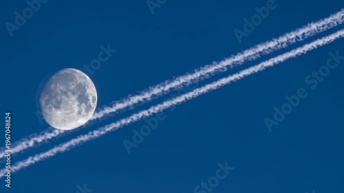 Moon and Jet Trails Across a Blue Sky