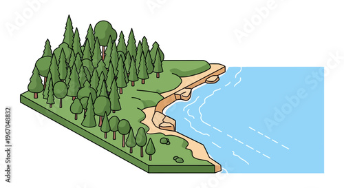 Isometric view of a forest meeting the ocean coastline.
