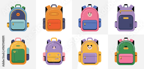 Colorful School Backpack Icons Set in Cartoon Style