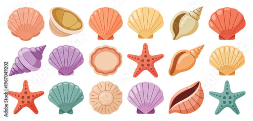   Colorful Seashell and Starfish Icon Set – Flat Vector Beach Illustration Collection