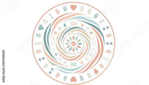 Wellness and fitness circular vector illustration with dumbbells and leaves in flat design