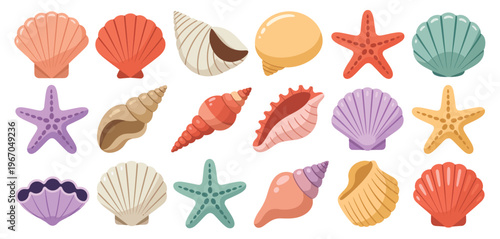  Colorful Seashell and Starfish Icon Set – Flat Vector Beach Illustration Collection