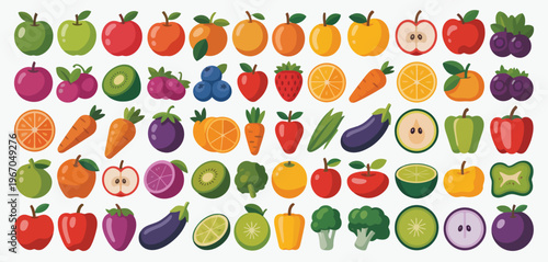  Colorful Fruits and Vegetables Icon Set – Flat Vector Illustration Collection