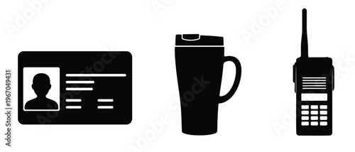 Silhouettes of ID card travel mug and walkie talkie