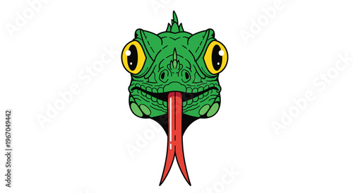 A vibrant green snake head with large yellow eyes and a long forked red tongue is shown on a white background.
