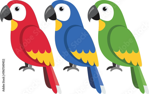 Three colorful cartoon macaws are perched neatly side by side on a plain background.