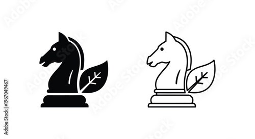 black and white knight chess pieces with leaves Vector