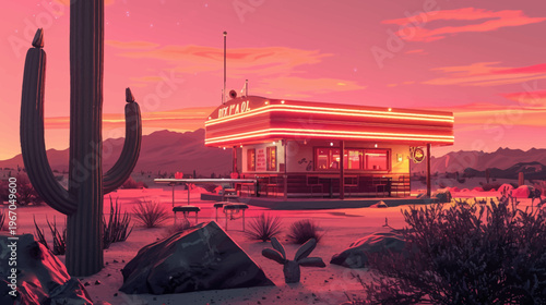 Desert diner illustration with cactus against a vibrant sunset sky background