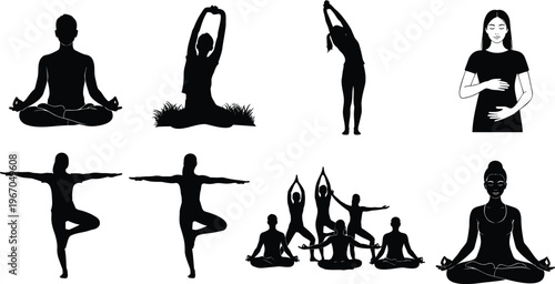 Diverse yoga poses vector illustration for wellness and meditation practices.