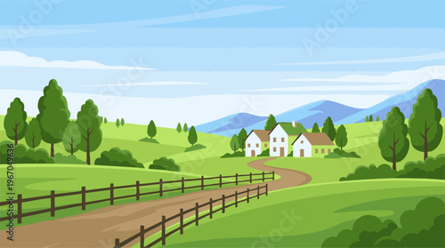 Cartoon rural landscape with houses, green fields, trees, and mountains