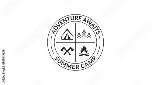 Circular emblem with icons for camping including a tent, trees, axes, and campfire, inscribed with 'Adventure Awaits Summer Camp'.
