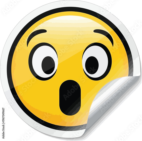 Glossy surprised emoji sticker with a peeling corner conveys an emotion of extreme shock.
