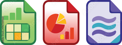 Modern glossy office file format icons with green red and purple color coding