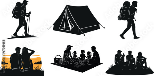 Man on bicycle mountains hiker and boat traveler silhouette vector illustration.