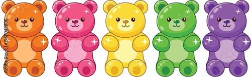 Five colorful gummy bear candies stand in a row exhibiting bright shades of orange, pink.