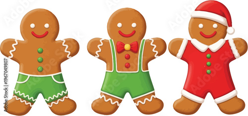 Three gingerbread men cookies are dressed for the holidays with green shorts, suspenders.