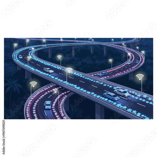 Futuristic smart highway interchange illuminated by vibrant blue and pink LED lights, featuring autonomous vehicles navigating complex curves under a dark night sky with glowing Wi-Fi symbol