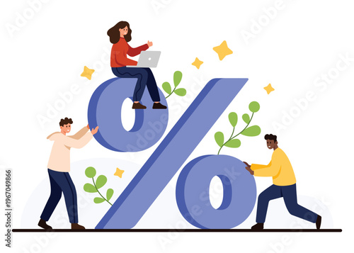 Business people working with big percent sign concept for finance, discount, interest rate, or calculation themes, modern flat design isolated on white background vector illustration