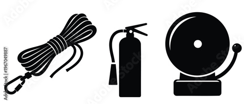 Fire safety equipment rope extinguisher and alarm bell