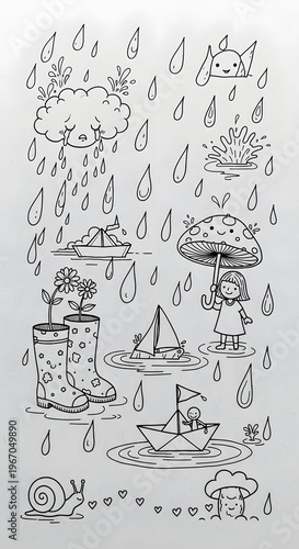 rain doodles rain drops clouds snail umbrella that looks like mushroom flowers in log boots