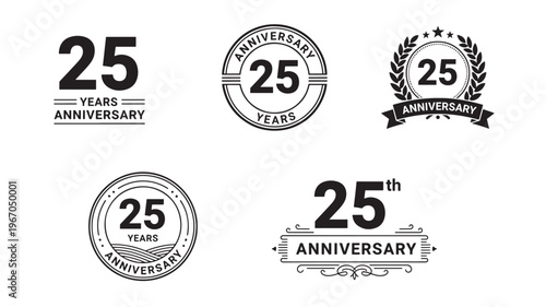 Twenty-five year anniversary badges and icons with different design styles on a white background featuring 25th, celebration, milestone with event