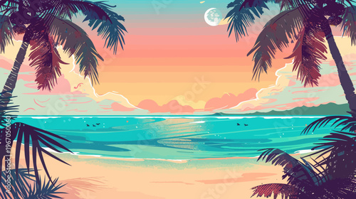 Vibrant beach scene with palm trees and sunset over calm ocean waters