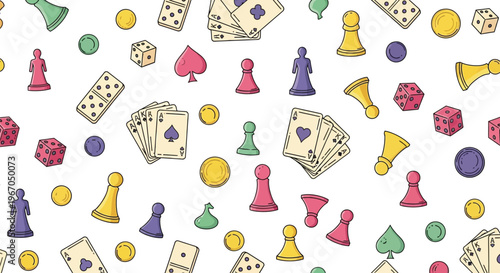 Colorful seamless pattern features various board game pieces like pawns, dice, and cards.