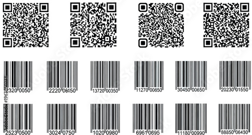 A collection of various scannable barcode types and QR codes representing digital data.