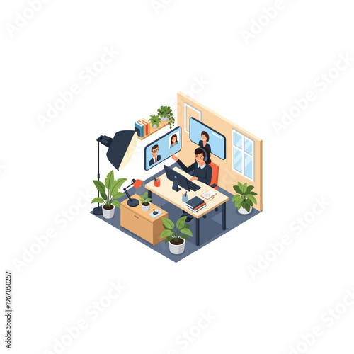 Isometric businessman participating in a video conference call with colleagues, working from a modern home office with multiple screens and plants, professional remote collaboration. Vector 